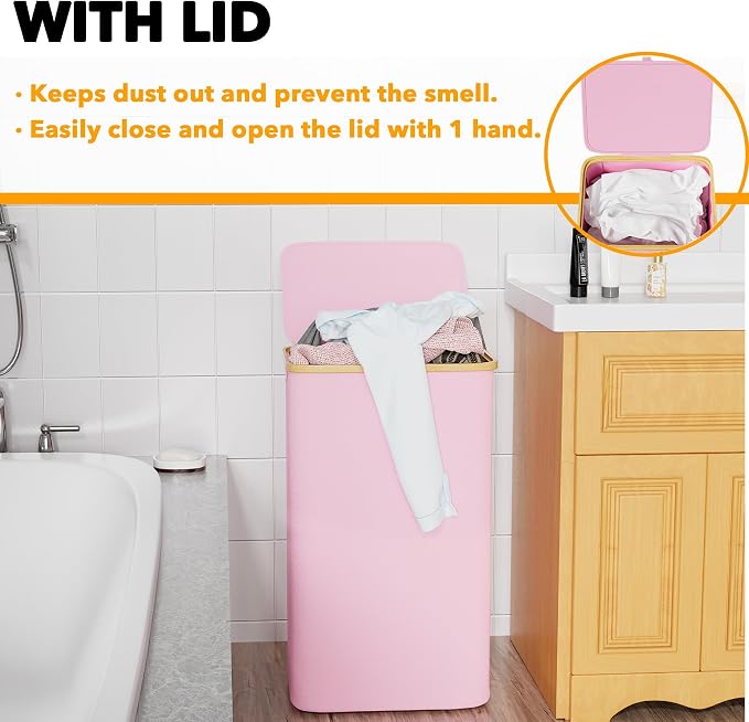 SpaceAid Laundry Hamper with Lid, 110L Large Tall Clothes Basket Bin with Bamboo Handles, Collapsible Laundry Hamper for Bedroom, Bathroom, Dorm, Laundry Room - Pink - Image 3