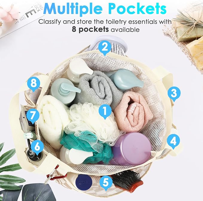 Fammart Mesh Shower Caddy Portable for College Dorm Room Essentials, 8-Pocket Large Shower Basket Tote Bag with 2 Handles for Toiletry, Bathroom, Beach, Camp, Gym - Image 4