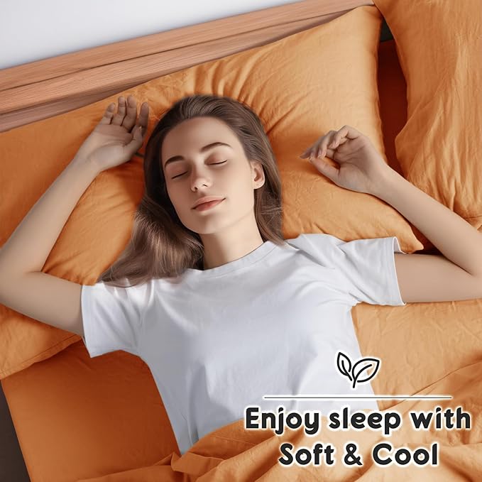 SONORO KATE 100% French Pure Linen Sheets, Breathable and Durable Linen Queen Size Sheets, Anti-Tear Linen Bed Sheets, Machine Washable, 16 Inch Deep Pocket - 4 Piece (Orange, Queen)