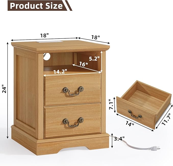 Farmhouse Dressers & Night Stand Set,54" Wide 7 Drawer Dresser 18" Wide 2 Drawers End Table with Charging Station,Furniture Dresser Sets for Home,Natural