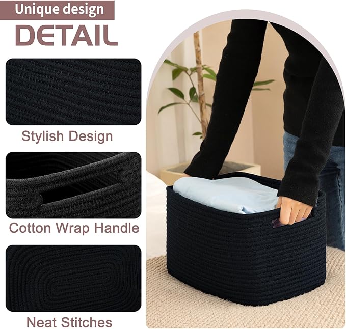 OIAHOMY 4 Pack Storage Baskets for Organizing, Cube Storage Bins for Shelves, Rectangle Storage Baskets With Handles, Woven Baskets for Storage, 16''Lx12''Wx8''H, Black - Image 3