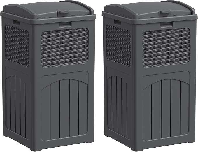 Greesum 33 Gallon Outdoor Trash Can with Lid (2-Pack), Heavy Duty Resin Garbage Bin, Waterproof & UV Resistant for Patio, Garden, Deck, Yard, Gray by BuynowfromGreesum