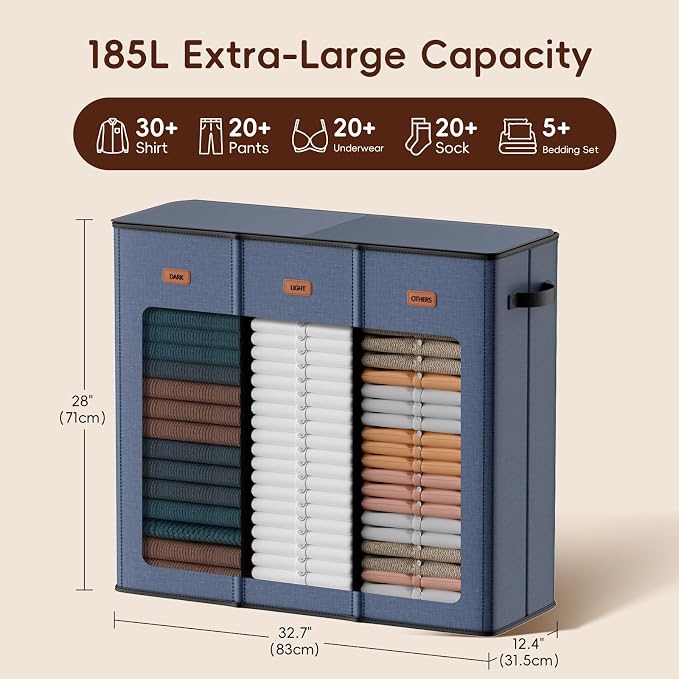 185L Laundry Hamper 3 Section, Laundry Hamper with Lid, Dirty Clothes Hamper with 3 Removable Washing Bags, Extra Large Laundry Basket Organizer for Bedroom, Laundry Room, Dorm - Navy Blue - Image 3