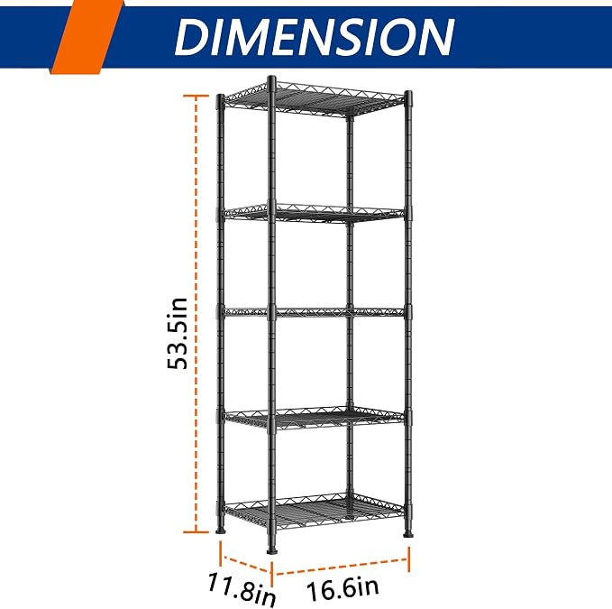 REGILLER 5-Wire Shelving Metal Storage Rack Adjustable Shelves,Standing Storage Shelf Units for Laundry Bathroom Kitchen Pantry Closet(Black,11.8" D x 16.6" W x 53.5" H) - Image 3