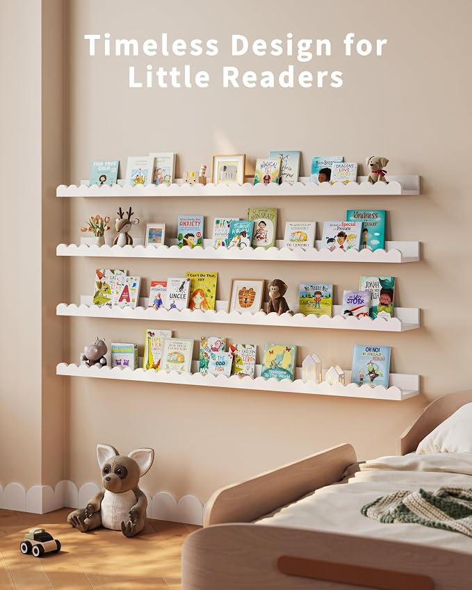 Shario Nursery Book Shelves, 4-Pack White Floating Shelves for Wall Kids, Scalloped Shelves, Wall Book Shelves for Bedroom Kids, Toddler Room, Baby Room, Nursery Decor (White, 47.2 Inches) - Image 4