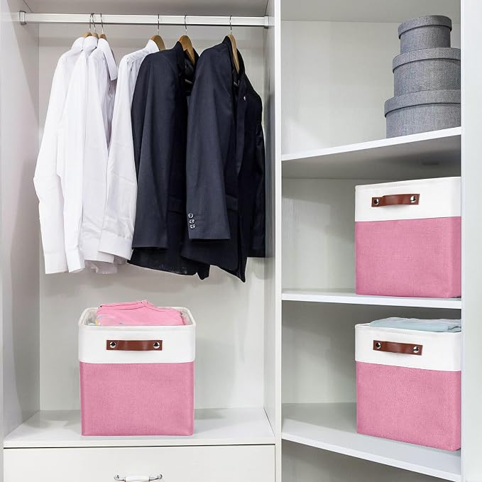 Bagnizer Collapsible Fabric Storage Cubes 11x11 Cube Storage Bins, 4 Pack Closet Baskets Box with Handles for Organizing, Shelf, Toys, Clothes, Home, Office, Nursery (Pink&White) - Image 3