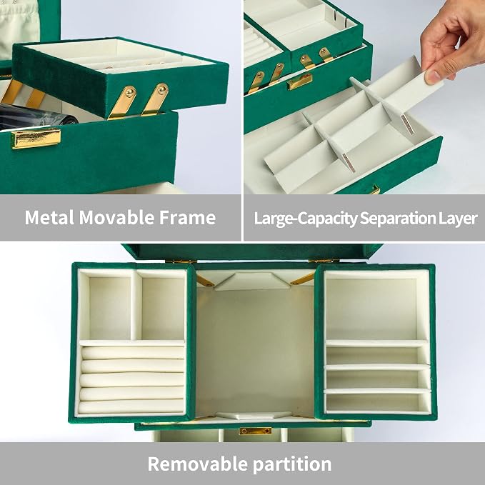 Dajasan Jewelry Organizer Box, Large Velvet Jewelry Boxes for Women Girls, Space-Saving 3 Layers Jewelry Storage Case with Drawer, Movable Metal Stand, Modern, Gift Idea (Green) - Image 4