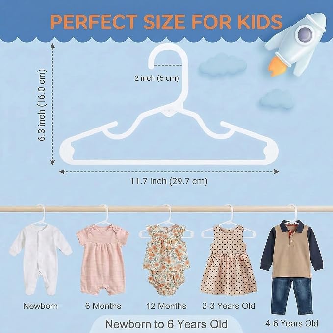 HOUSE DAY Baby Hangers 100 Pack - Durable Plastic Infant & Kids Clothes Hangers, Thin Compact Space-Saving Design for Nursery/Children's Closet, Toddler Small Hangers White (Infant/Baby/Toddler/Kids) - Image 2