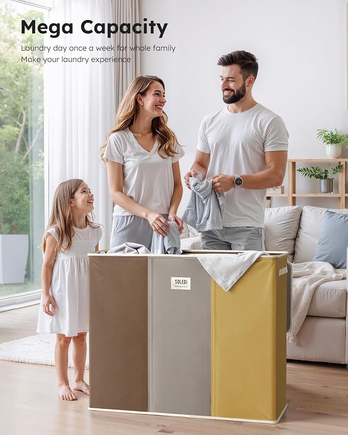 SOLEDI 180L 3-Section Laundry Hamper with Lid, Extra Large Dirty Clothes Basket with Sturdy Handles for Laundry Room & Bedroom - Durable Organizer for Sorting Laundry - Image 2