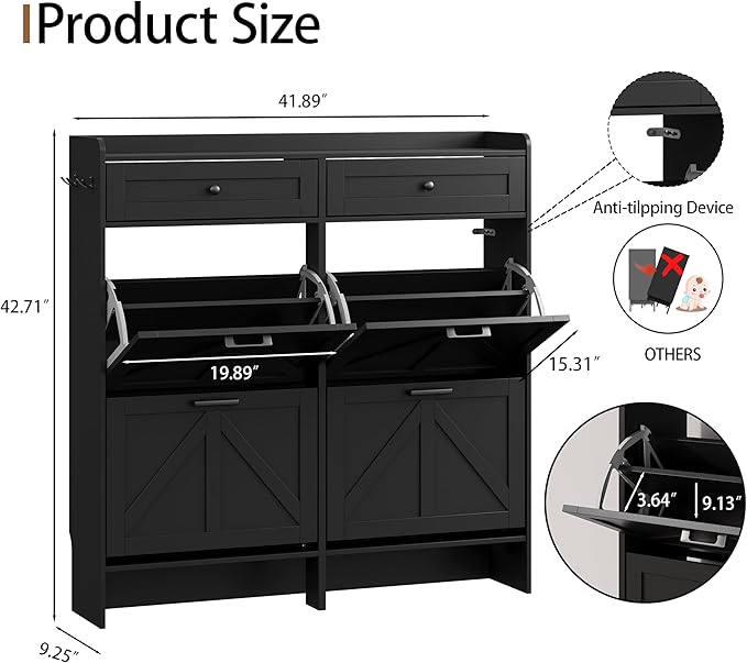Shoe Cabinet with 4 Flip Drawers & 2 Top Drawers, 43" Tall Freestanding Narrow Wooden Shoe Storage Organizer for Entryway, Hidden Slim Shoe Rack for Front Door Entrance, Hallway, Living Room, Black - Image 2