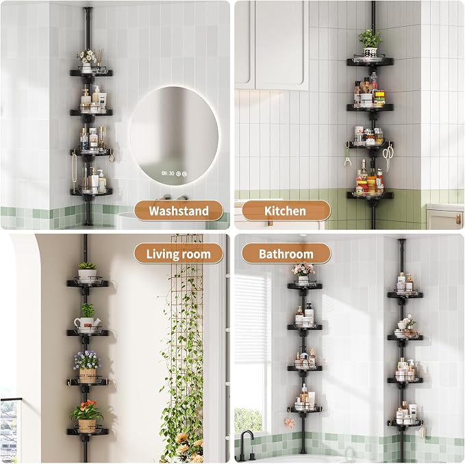 360° Rotating Shower Caddy Tension Pole, 4 Tiers Corner Shower Organizer for Bathroom Shelf Bathtub, Adjustable Standing Shower Rack Bathroom Accessories, Easily Assemble, 34-124 Inch Height, Black - Image 9