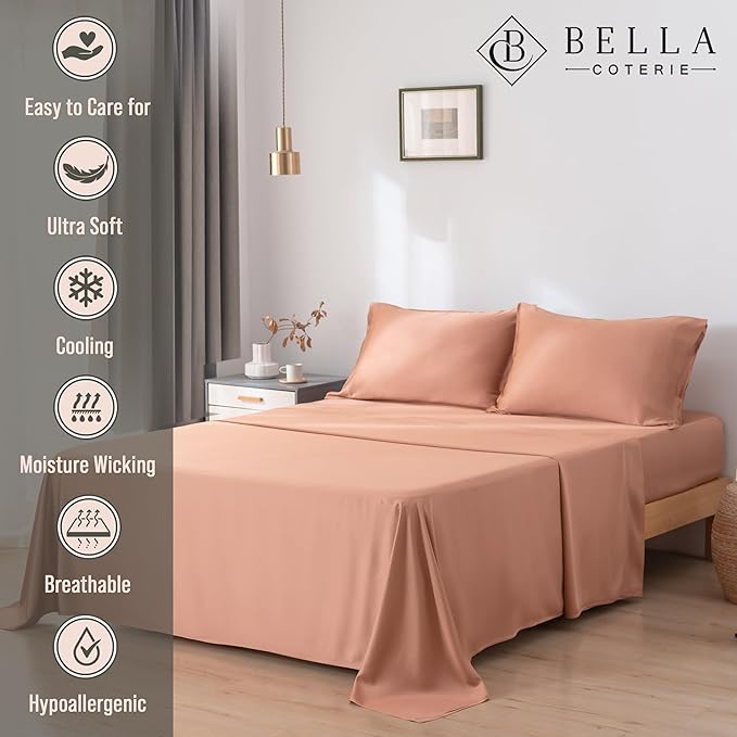 Bella Coterie Luxury Bamboo Viscose 34” Split Top King Size Sheet Set | 1 Fitted Sheet for Sleep Number & Adjustable Beds | 100% Organically Grown | Cooling & Soft | 18” Deep Pocket [Terracotta]