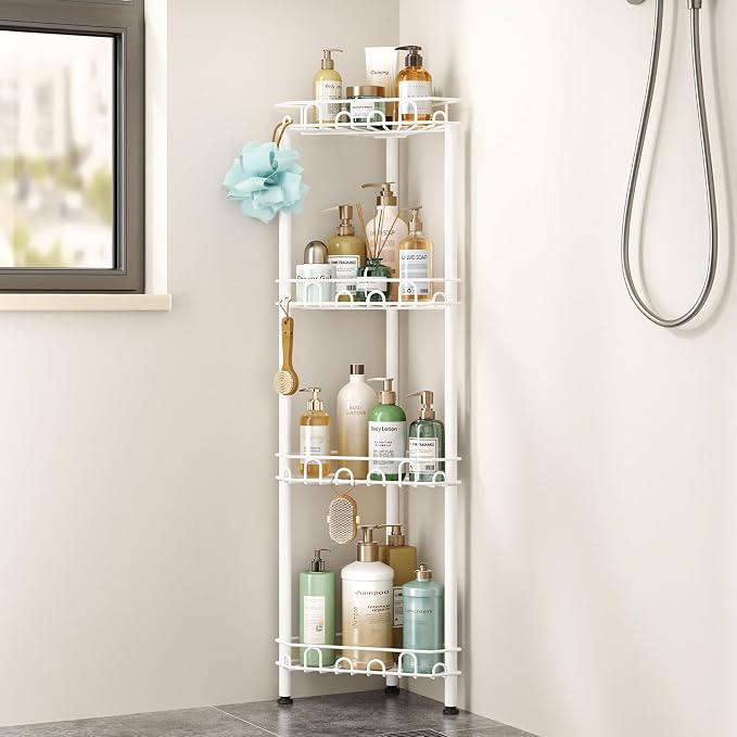 SWTYMIKI Standing Shower Caddy Corner - 4‑Tier Stainless Steel Shower Organizer Shelf with 16 Hooks and Adhesive Pads, Rustproof Corner Shelves Stand Rack for Bathroom Shower Room, white by SwtyMiki-TidyHomeSweetLife