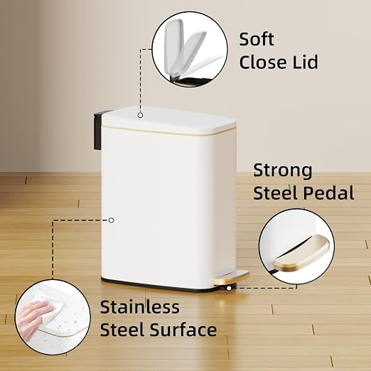 KSSKSS Small Bathroom Trash Can with Lid Soft Close, Step Pedal, 6L / 1.6 Gal Stainless Steel Garbage Bin with Removable Inner Bucket, Slim Wastebasket for Narrow Spaces (White) - Image 4