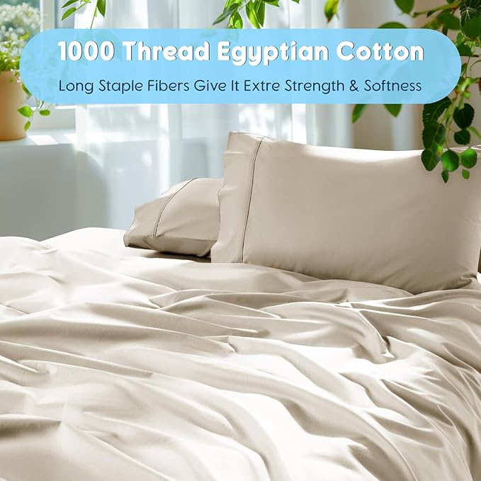 SONORO KATE 100% Egyptian Cotton Sheets Set - 1000 High Thread Count, Luxury 5-Star Hotel Sateen Bed Sheets, Soft, Breathable Long Staple Sheets, Fit up to 16" - 4 PC (Cream,Queen)
