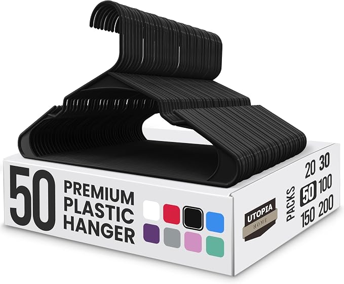 Utopia Home Plastic Hangers 50 Pack, Space-Saving Clothes Hangers with Non-Slip Shoulder Grooves for Strappy Clothes, Ideal for Home Closet Organization and Warddrobe Solutions (Black) by UTOPIAHOME