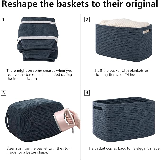 OIAHOMY 4 Pack Storage Baskets for Organizing, Cube Storage Bins for Shelves, Rectangle Storage Baskets With Handles, Woven Baskets for Storage, 12.7''Lx9''Wx7.8''H, Blue - Image 7