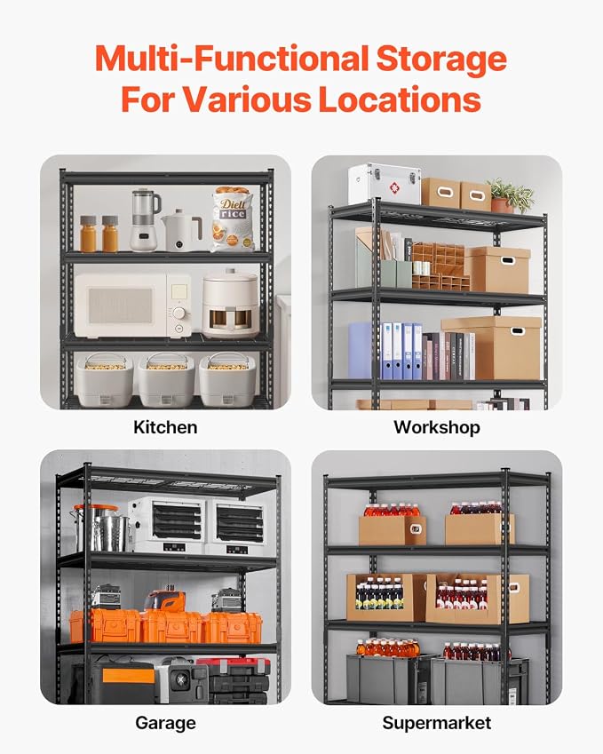 VEVOR Storage Shelves, 2500 lbs, 5 Tier Heavy Duty Garage Shelving, 18" D x 48" W x 72" H Adjustable Metal Shelves for Industrial Shelving Unit Utility Shelf, for Kitchen, Warehouse, Basement, Black - Image 8