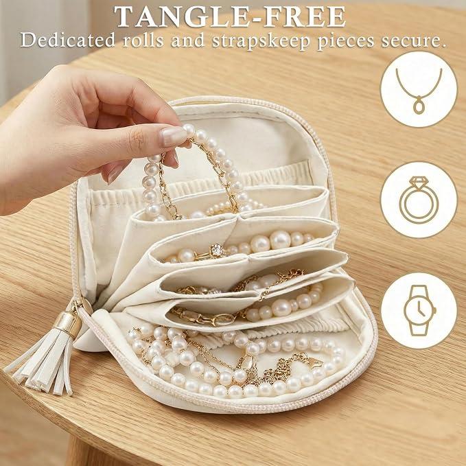 Ideal Swan Small Travel Jewelry Case, Valentines Gifts for Women, Portable Large-Capacity Tassel Jewelry Pouch Bags with Zipper, Beige Velvet Jewelry Organizer Storage Bag for Bracelet Rings Earring - Image 2