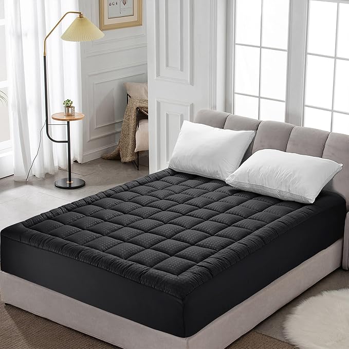HYLEORY Twin Mattress Pad Quilted Fitted Mattress Protector Cooling Pillow Top Mattress Cover Breathable Fluffy Soft Mattress Topper with 8-21" Deep Pocket, Black
