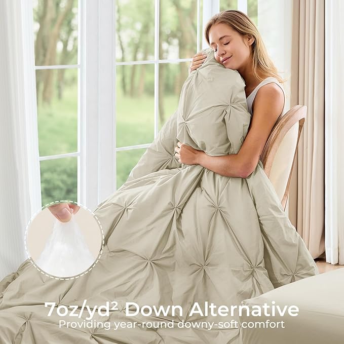 Sasttie Queen Comforter Set, 7-Piece Bed in a Bag, Pintuck Bedding Sets for All Season, Includes Comforter, Flat Sheet, Fitted Sheet, Pillowcases and Pillowshams, Linen
