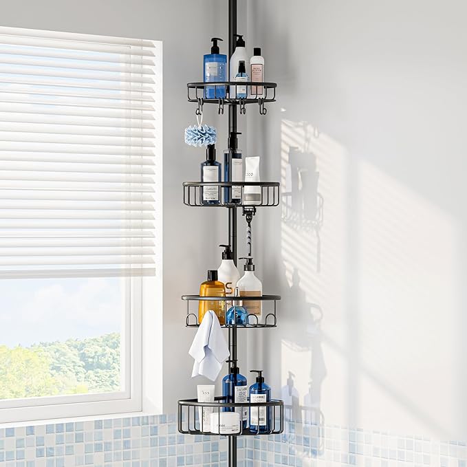 Corner Shower Caddy Tension Pole: Stainless Steel Rustproof 4-Tier Shower Organizer - 47-121 inch Adjustable Bathroom Shelves for Bathtub Shampoo Storage - Tension Rod Floor Standing Bath Rack - Black by ESSEMELLC