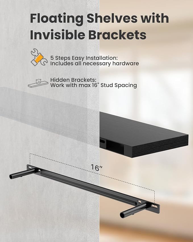 AMADA HOMEFURNISHING Floating Shelves for Wall, Wall Shelves for Living Room, Bedroom, Bathroom, Kitchen & Home Office Organization, Bathroom Shelves with Hidden Brackets, 22 lbs Max Load, AMFS44B - Image 8