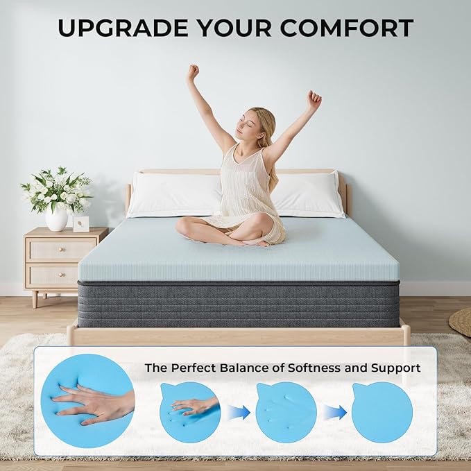 OhGeni 2 Inch Full Memory Foam Mattress Topper Pad with Cover, Soft Bed Cover with Anti-Slip Base, Enhanced with Cooling Gel，Premium Comfort for Sleep & Back Pain Relief, Removable & Washable