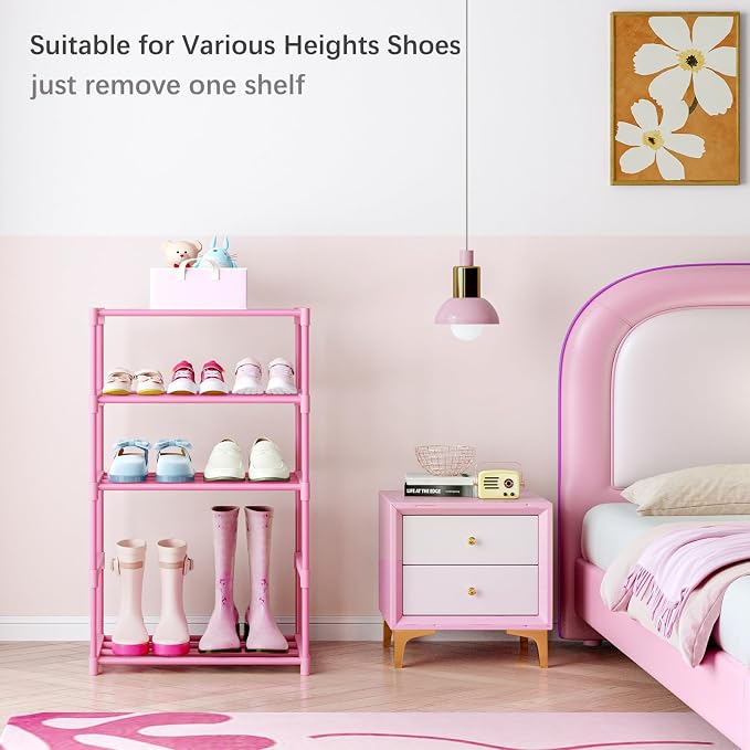 HITHIM 3-Tier Pink Shoe Racks for Women/Girls/Kids' Closet, Small Shoe Storage for 5-7 Pairs, Lightweight Stackable Shoe Shelf Organizer for Entryway, Front Door Entrance, Bedroom - Image 4