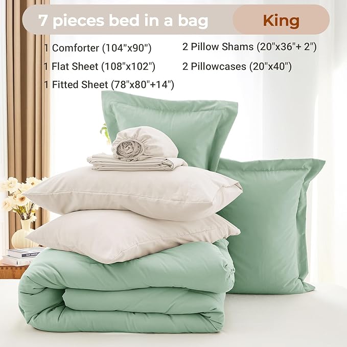 MUXHOMO 7 Pieces King Comforter Set, Soft Bed in a Bag King Size, All Season Bedding Set with Comforter, Flat Sheet, Fitted Sheet, Pillowcases & Shams, Sage Green & Beige