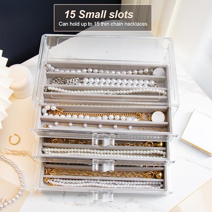 YUFONG Necklace Holder Organizer, Dustproof Necklace Box Velvet Necklace Organizer Box with Lid Clear Acrylic Dustproof Stackable Jewelry Displays for Necklaces Chain Display (Gray, 3 Drawer) - Image 5