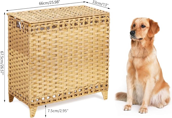 Laundry Hamper with 3 Removable Liner Bags; 132L Handwoven Rattan Laundry Basket with Lid & Heightened Feet; Clothes Hamper with Side Handles; Laundry Sorter with 3 Separate Sections - Image 7