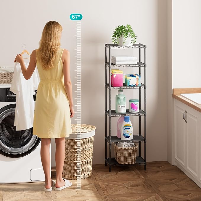 SINGAYE 6 Shelves Bathroom Organizers and Storage Shelf Wire Closet Metal Pantry Kitchen Small Garage Shelving Unit Laundry Room Organization Home Tall Rack Balck 10" D x 16" W x 60”H - Image 2