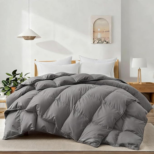 Feather Down Fiber Comforter Twin Size,Premium Ultra-Soft Breathable Comforter High Fill Power Grey Duvet Insert,All Season Hotel Luxury Bedding Comforters 8 Corner & Center Loops,Baffle Box Design
