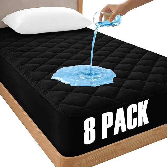 LUX Décor Twin Mattress Pad - 8 Pack - Quilted Elastic Fitted Mattress Cover Protector Upto 16 Inches Deep Pocket - Soft Breathable Noiseless Mattress Topper (Black “39 X 75”)