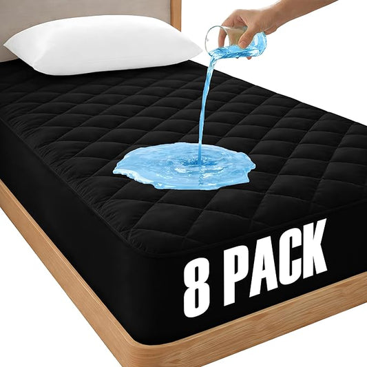 LUX Décor Twin XL Mattress Pad - 8 Pack - Quilted Elastic Fitted Mattress Cover Protector Upto 16 Inches Deep Pocket - Soft Breathable Noiseless Mattress Topper (Black “39 X 80”)