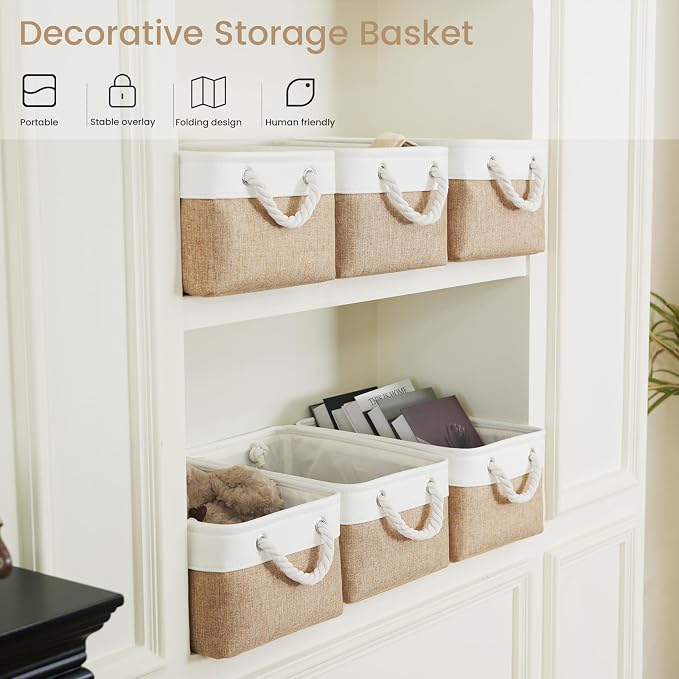 Storage Baskets for Shelves 13.8x9.8x6.7 Inch, Foldable Fabric Storage Bins with Handles, Small Storage Baskets for Organizing Closet, Office, Home Organization (1-Pack, White&Khaki) - Image 5