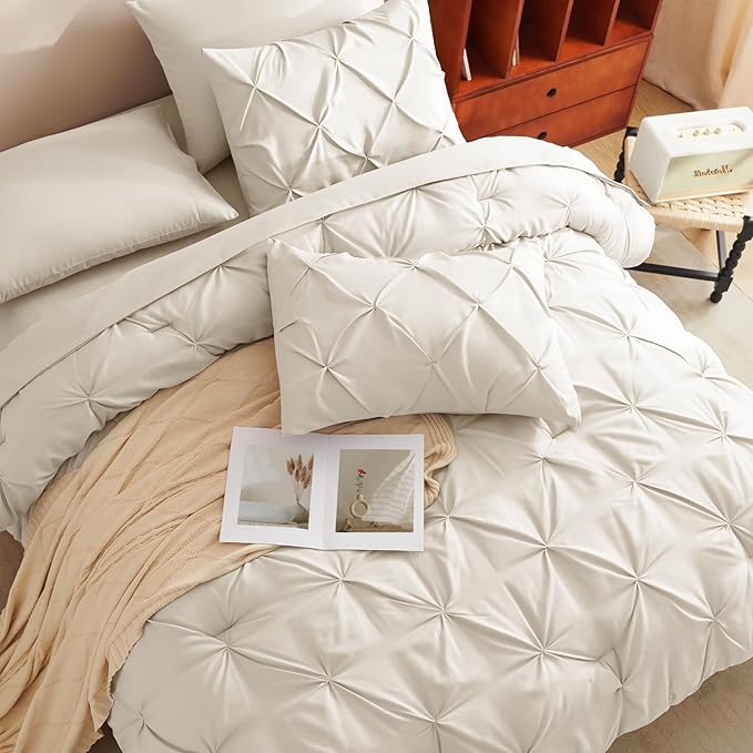CozyLux Queen Comforter Set Oatmeal, 7 Pieces Pintuck Bed in A Bag, Premium Oatmeal Comforter Queen Size, Pinch Pleat Bedding Sets with Comforter, Sheets, Pillowcases & Shams