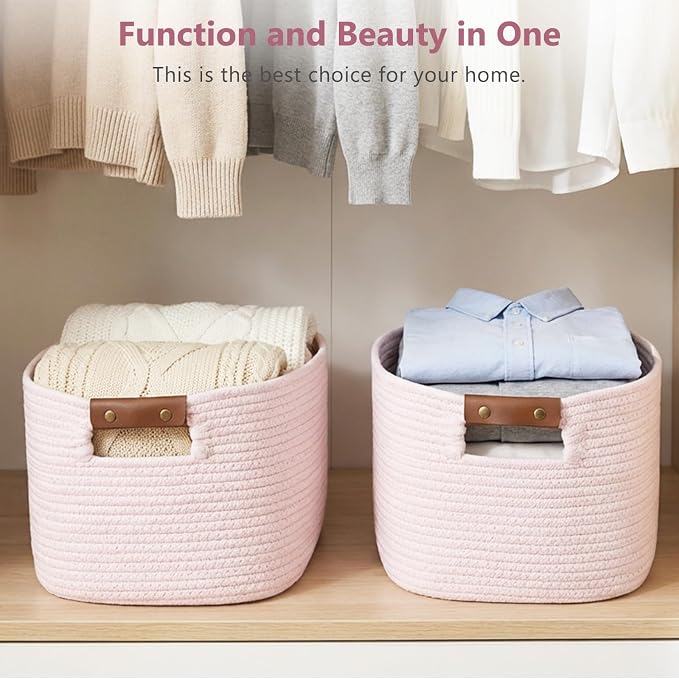 ECDYQXVU Cotton Rope Basket, Storage Baskets with Handle, 15x10x9 Inch Woven Basket for Shelves, Laundry, Towels, Clothes, Books (Light/Pink 3Pack) - Image 7