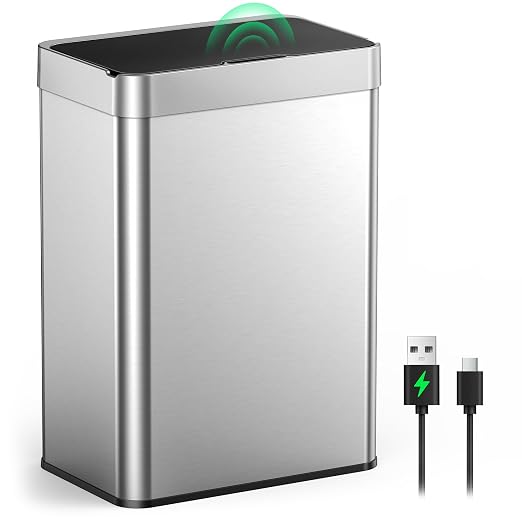 Kitchen Trash Can Touchless, 13 Gallon/50 L Stainless Steel Automatic Motion Sensor Trash Can, Type-C Rechargeable Garbage Can with Lid, Silent Close, Touchless Trash Bin for Home Kitchen, Silver by LOVEWIND