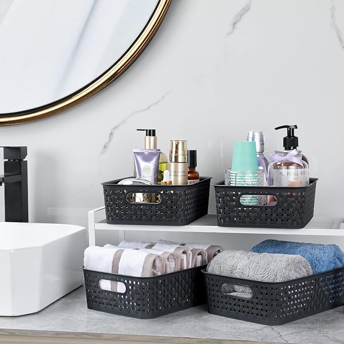 [ 8 Pack ] Plastic Storage Baskets, Small Pantry Organization and Storage Bins, Household Organizers for Laundry Room, Bathrooms, Kitchens, Cabinets, Countertops, Under Sink or Shelves, Black - Image 5