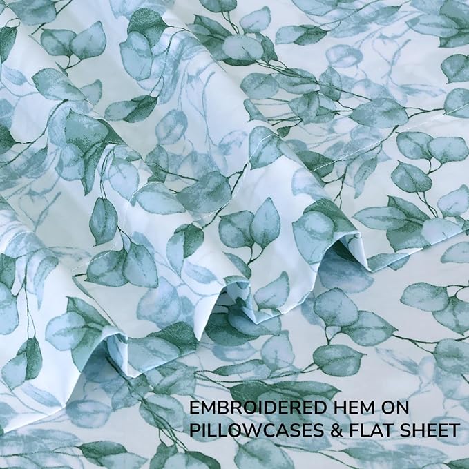 Feather & Stitch Printed 500 TC Twin Size 3pc Damask Bed Sheet Set, 100% Soft Cotton Breathable Bedsheets, 18" Deep Pockets Sateen Weave Striped Bedding Mattress Resort Hotel Luxury Decor - Green Leaf