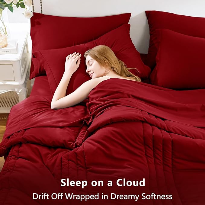 CozyLux Queen Comforter Set - 7 Pieces Bed in a Bag Dark Red Comforter Set with Sheets Luxury Bed Set All Seasons, Soft Bedding Set with Down Alternative Comforter, Sheets, Pillowcases & Shams