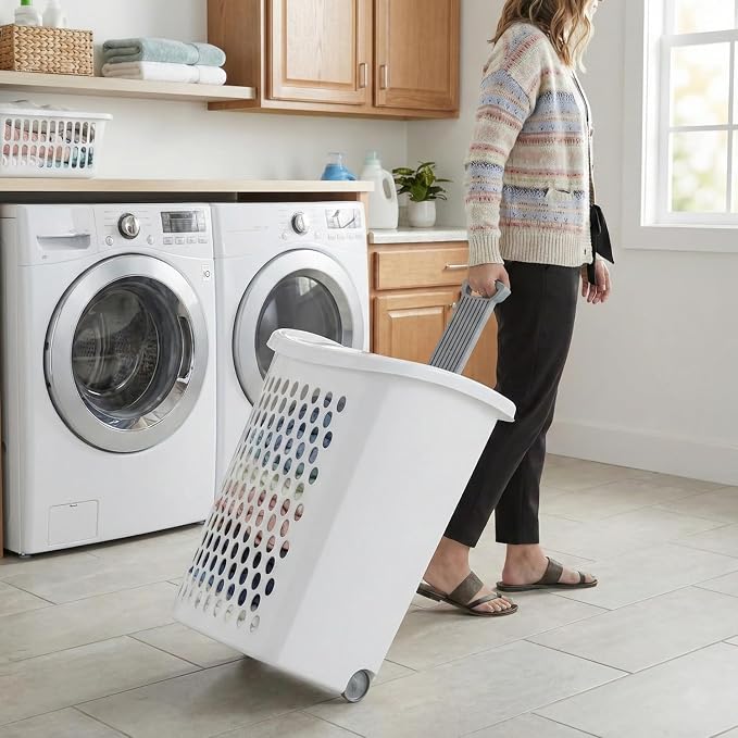 Wheeled Plastic Laundry Hamper,Ultra Wheeled Design Clothes Laundry Basket,Extra Large 135L Pull Handle & Side Grips Plastic Ventilated Clothes Basket for Home, Dorm, or Apartment - Image 6