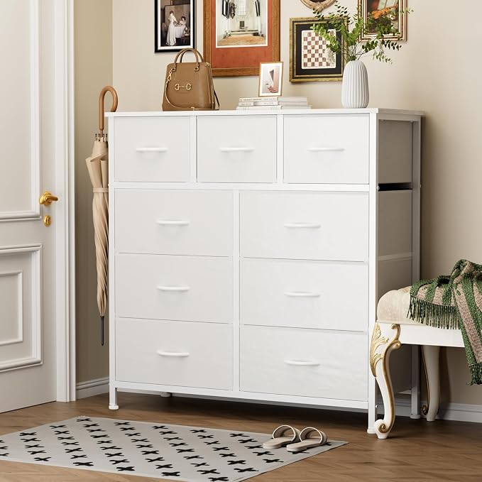 Sweetcrispy 9-Drawer Fabric Dresser Storage Tower with Wood Top and Steel Frame, Organizer Chest with Easy Pull Handles for Bedroom, Closet, Hallway,Pure White - Image 2