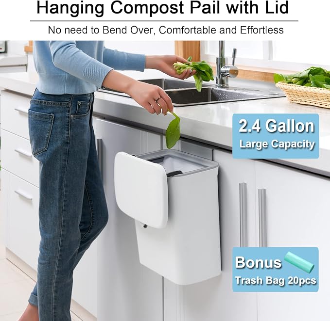 Tiyafuro 2.4 Gallon Kitchen Compost Bin for Counter Top or Under Sink, Hanging Small Trash Can with Lid for Cupboard/Bathroom/Bedroom/Office/Camping, Mountable Indoor Compost Bucket, White - Image 2