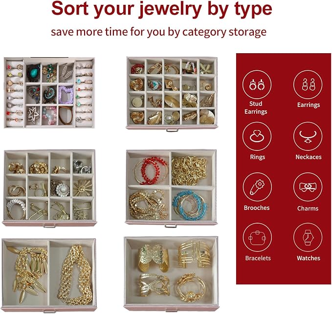 BOOVO Jewelry Box For women, 6 Layer Large Jewelry Organizer With Mirror, Multi-Function Storage Box With Lock, Accessory Holder With 5 Drawers, For Earrings Necklace Ring Bracelet (Rose Gold) - Image 3