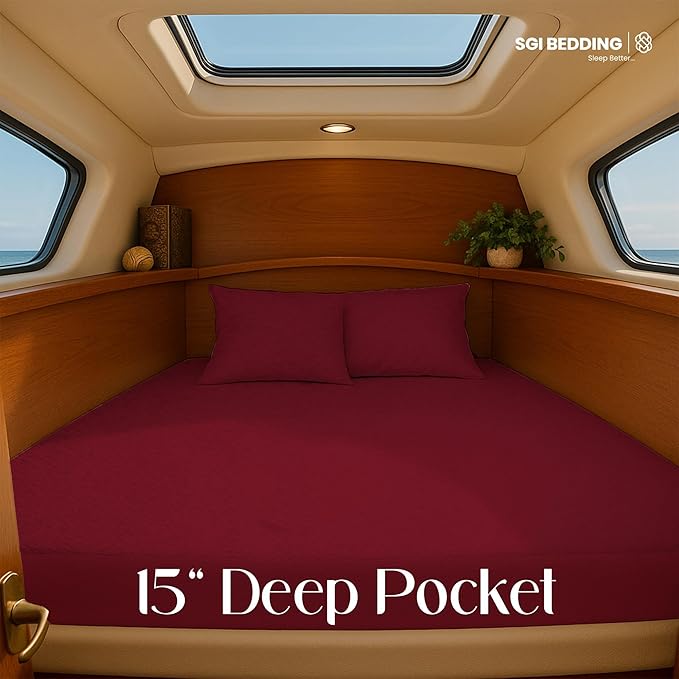 SGI Bedding Waterproof XL V Berth Mattress Protector 102" Head x 82" Length x 30" Foot – 15" Deep Pocket, 360° Fitted Style Mattress Pad Cover, Soft Noiseless & Breathable Cover for Boat – Burgundy