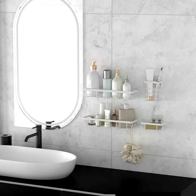 Shower Caddy Organizer with Hooks,Self Adhesive Bathroom Shelves,No Drilling Bathroom Organizers and Storage,Perfect for RV, Apartment, Home Decor,White 4PCS - Image 7