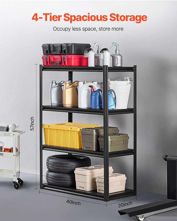 VEVOR Storage Shelves, 2400 lbs, 4 Tier Garage Storage Shelving, 20" D x 40" W x 57" H Adjustable Metal Shelves for Garage Shelves Utility Rack Shelf, Ideal for Kitchen, Warehouse, Basement, Black - Image 3